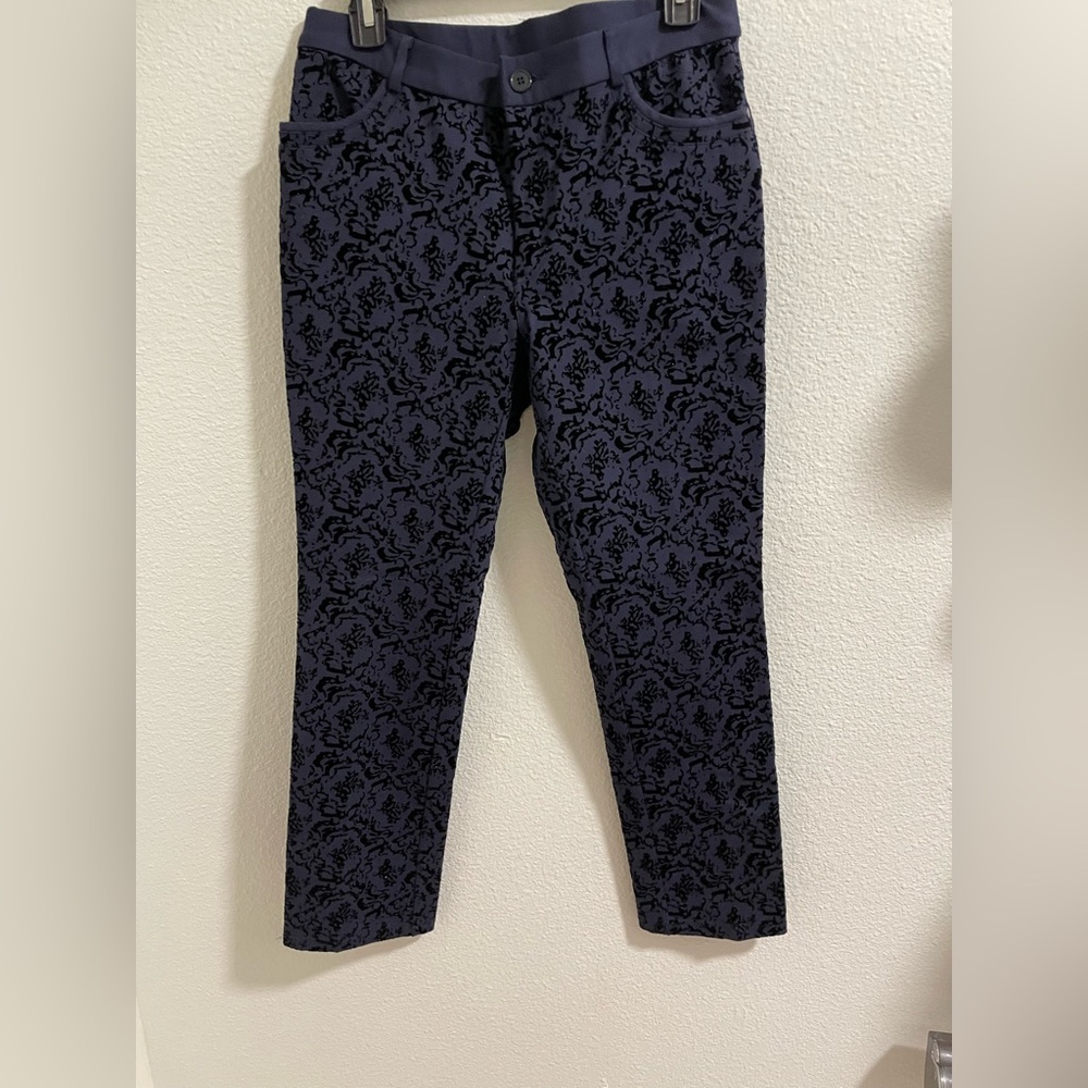 Soft Surroundings Flocked Baroque Stretch Ponte Ankle Pants in Navy Blue